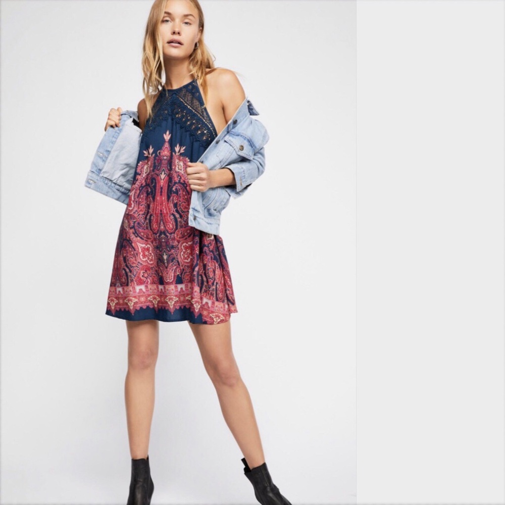 FREE PEOPLE Shea Printed Mini Dress Navy NWT - Picture 2 of 4